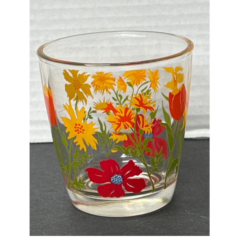 VTG Hazel Atlas Sour Cream/Juice Glass Red Poppies Yellow Daisy Orange Tulips - Picture 5 of 10